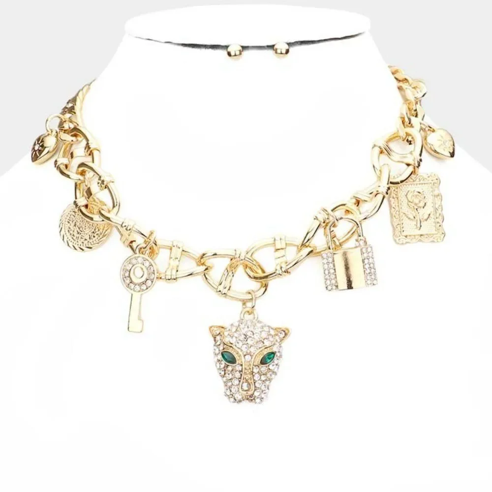 Leopard Rhinestone Heart Key Lock Flower Gold Station Necklace Set NWT - Picture 5 of 7